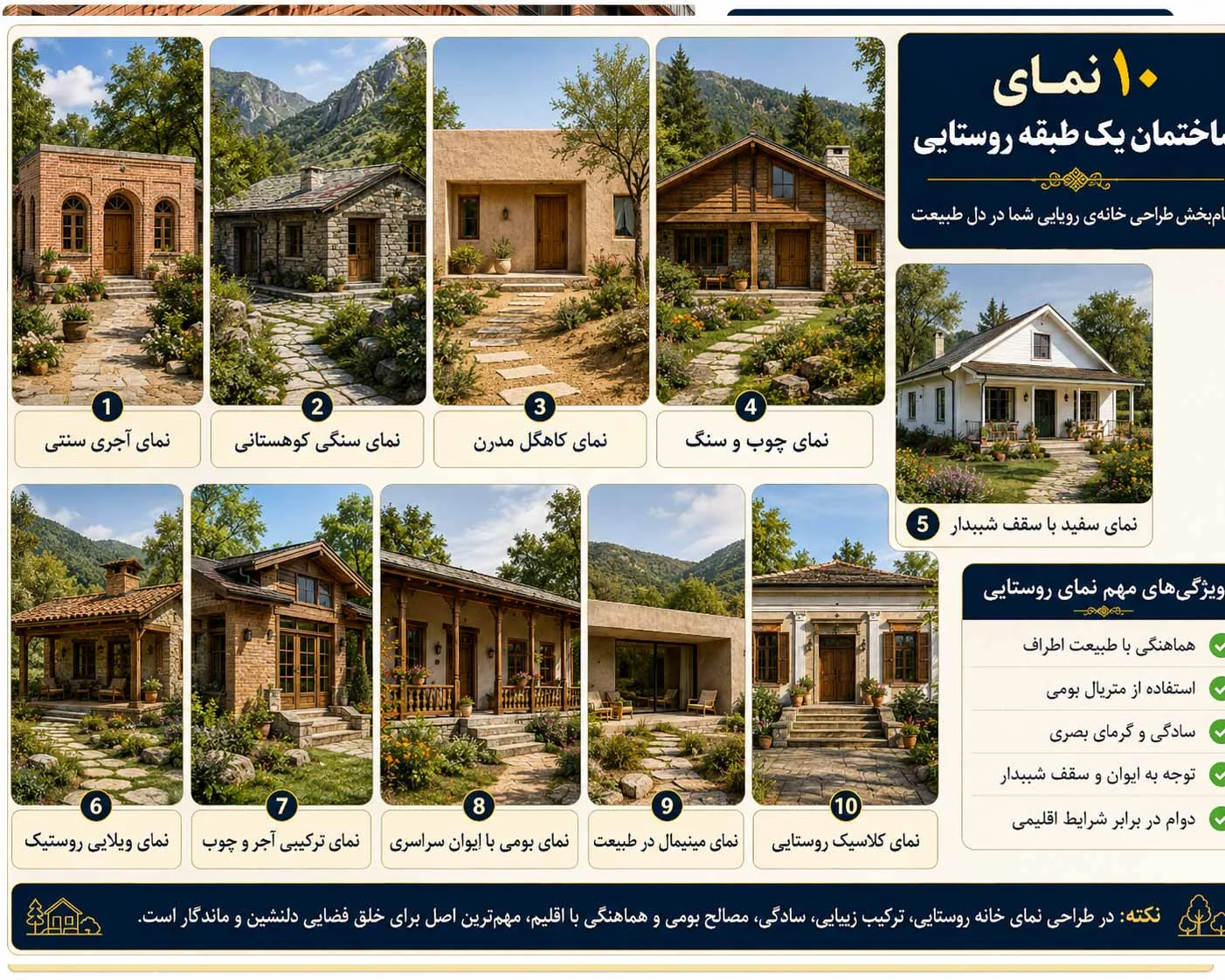 10 نمای ساختمان یک طبقه روستایی: الهام‌بخش طراحی خانه‌ی رویایی شما در دل طبیعت